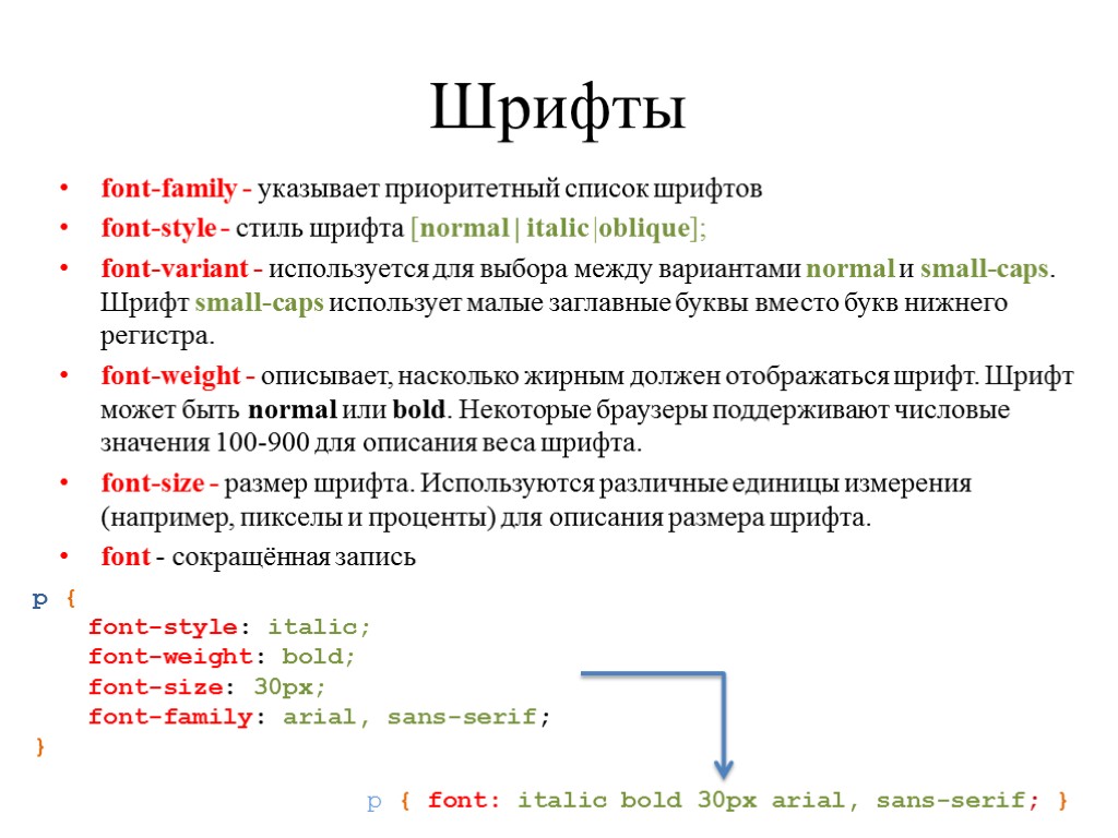 Шрифты font-family - указывает приоритетный список шрифтов font-style - стиль шрифта [normal | italic